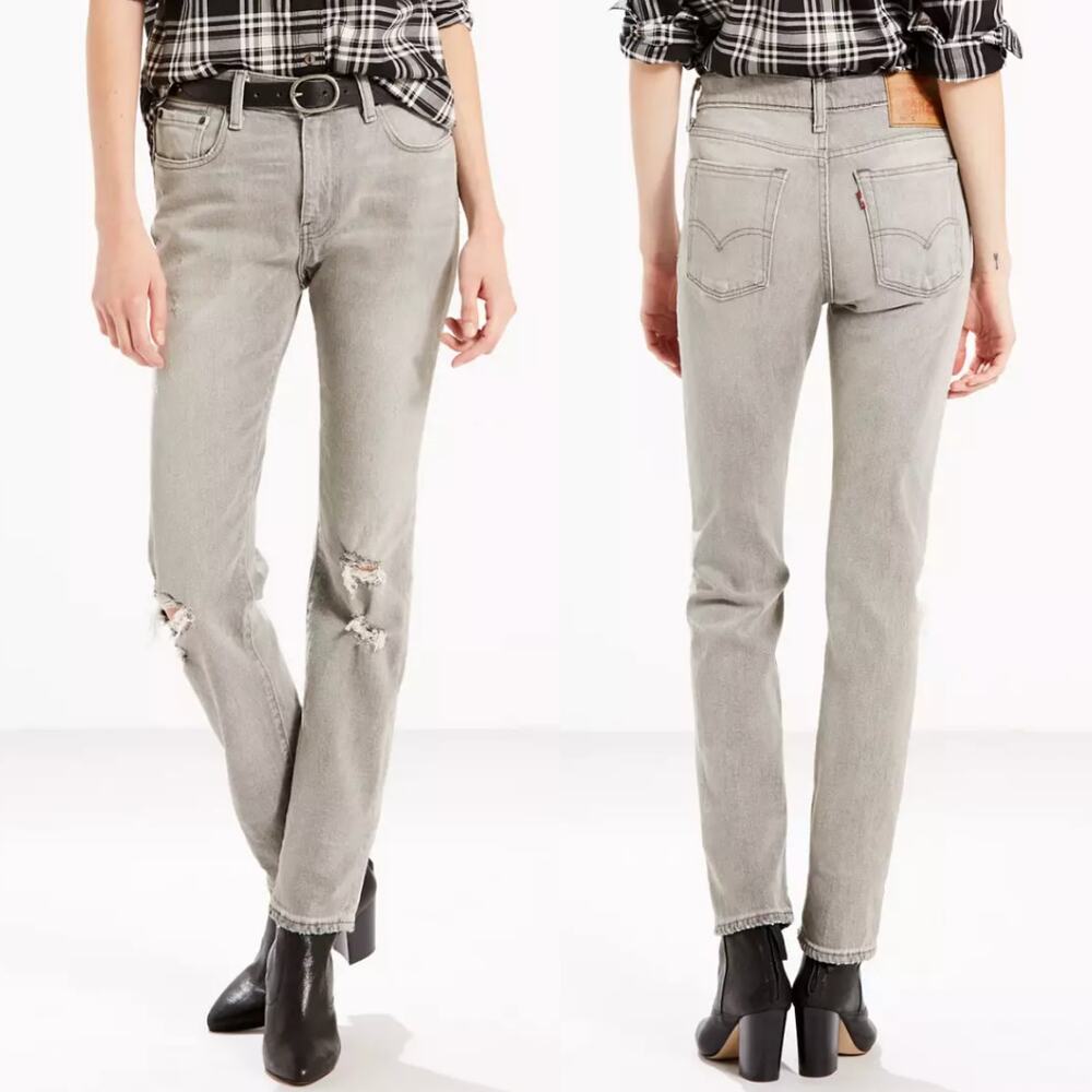 Levi's 505C Light Gray Denim Distressed Slim Straight Mid Rise Jeans
